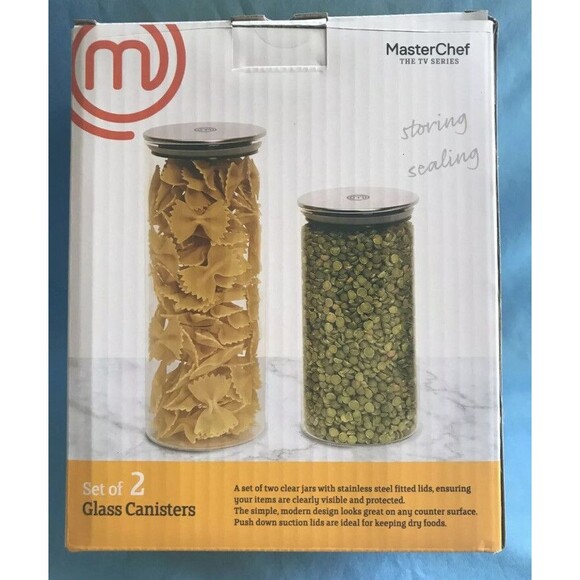 Master Chef Other - Set of 2 Clear Glass Master Chef Canisters Sealing Stainless Lids 6.5” & 8.5”